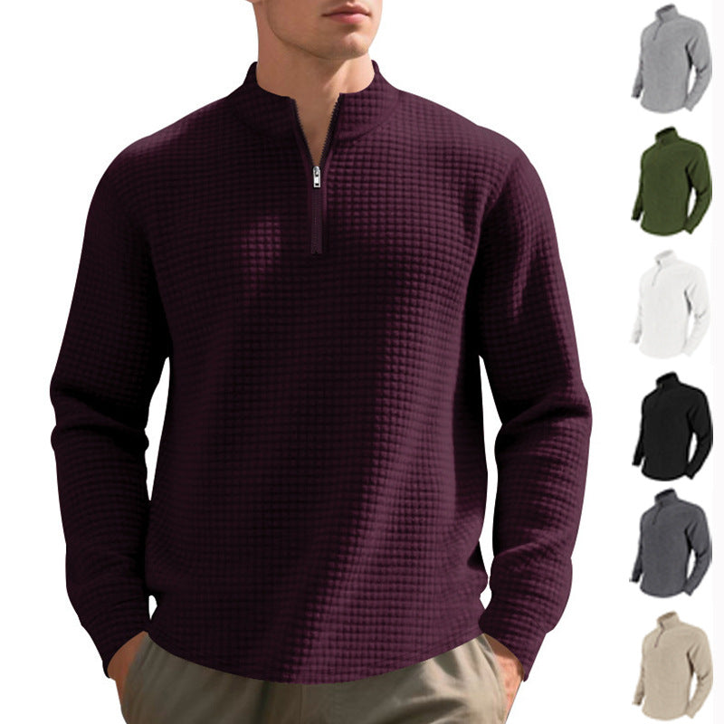 Herren nan leichtes Waffelstrick-Halbzip-Pullover mit Stehkragen und atmungsaktivem Baumwollmix EB