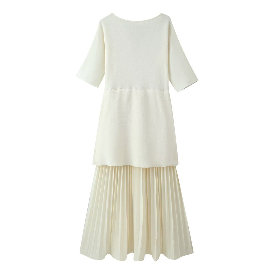 Damen plissiertes Midi-Kleid mit V-Ausschnitt EB
