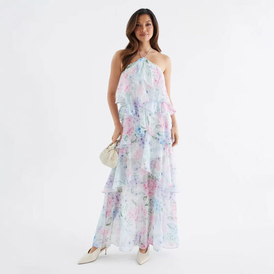 Damen Maxikleid mit schwingenden Volants und modernen Punkten EB