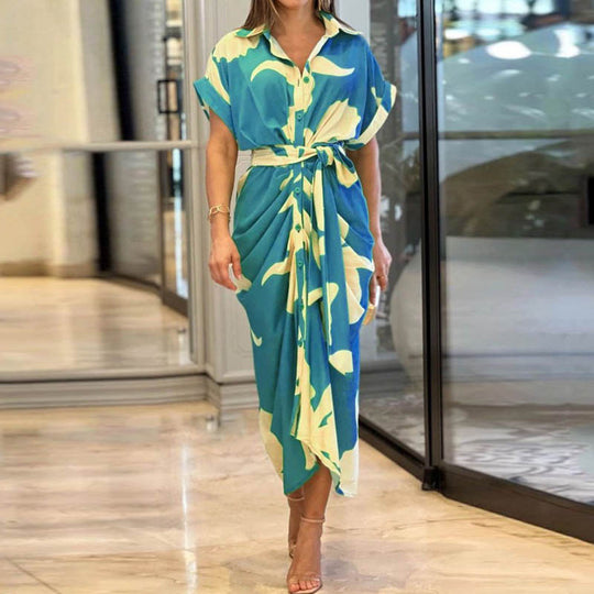 Damen nan Drapiertes Hemdmidikleid mit Taillenbindegürtel, seitlicher Drapage und Knopfleiste EB