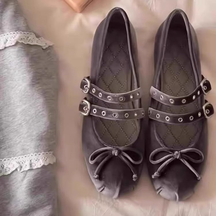 Damen Ballerina-Schuhe mit dekorativer Schleifenapplikation und doppeltem Riemendesign EB