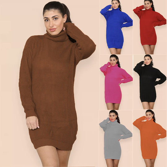 Damen Strickkleid mit hohem Kragen und strukturiertem Material EB