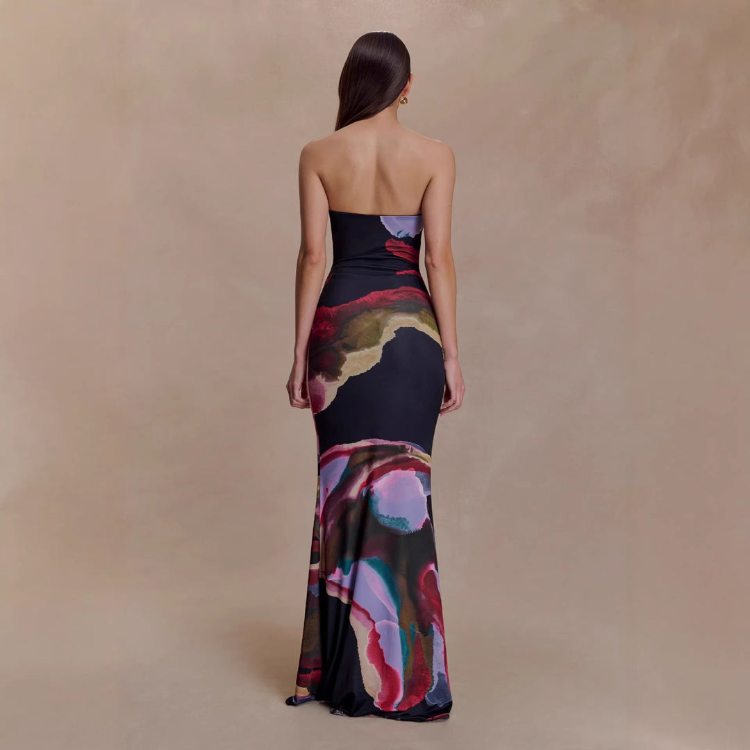 Damen Strapless Maxikleid mit fließendem Stoff und kunstvollem Druck EB
