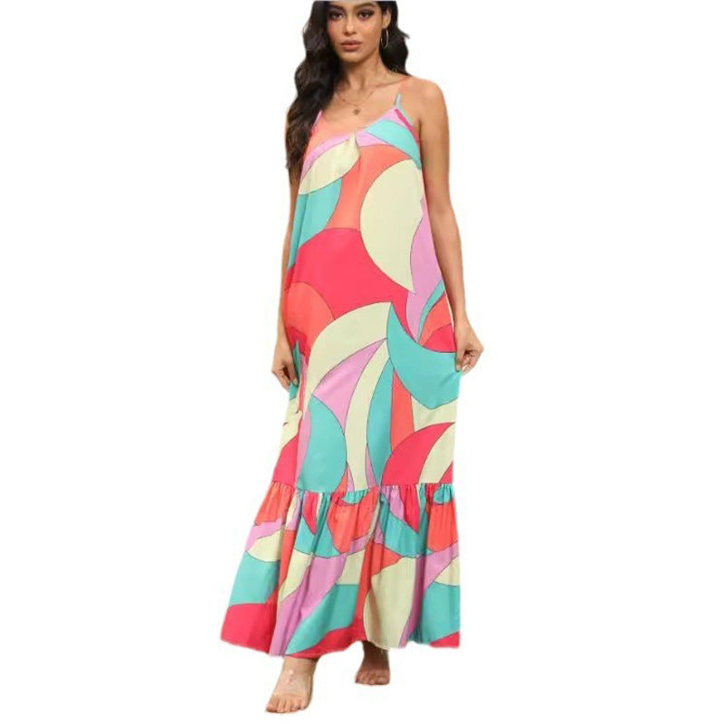 Damen Maxikleid mit farbenfrohem Mustermix und voluminösem Rock EB