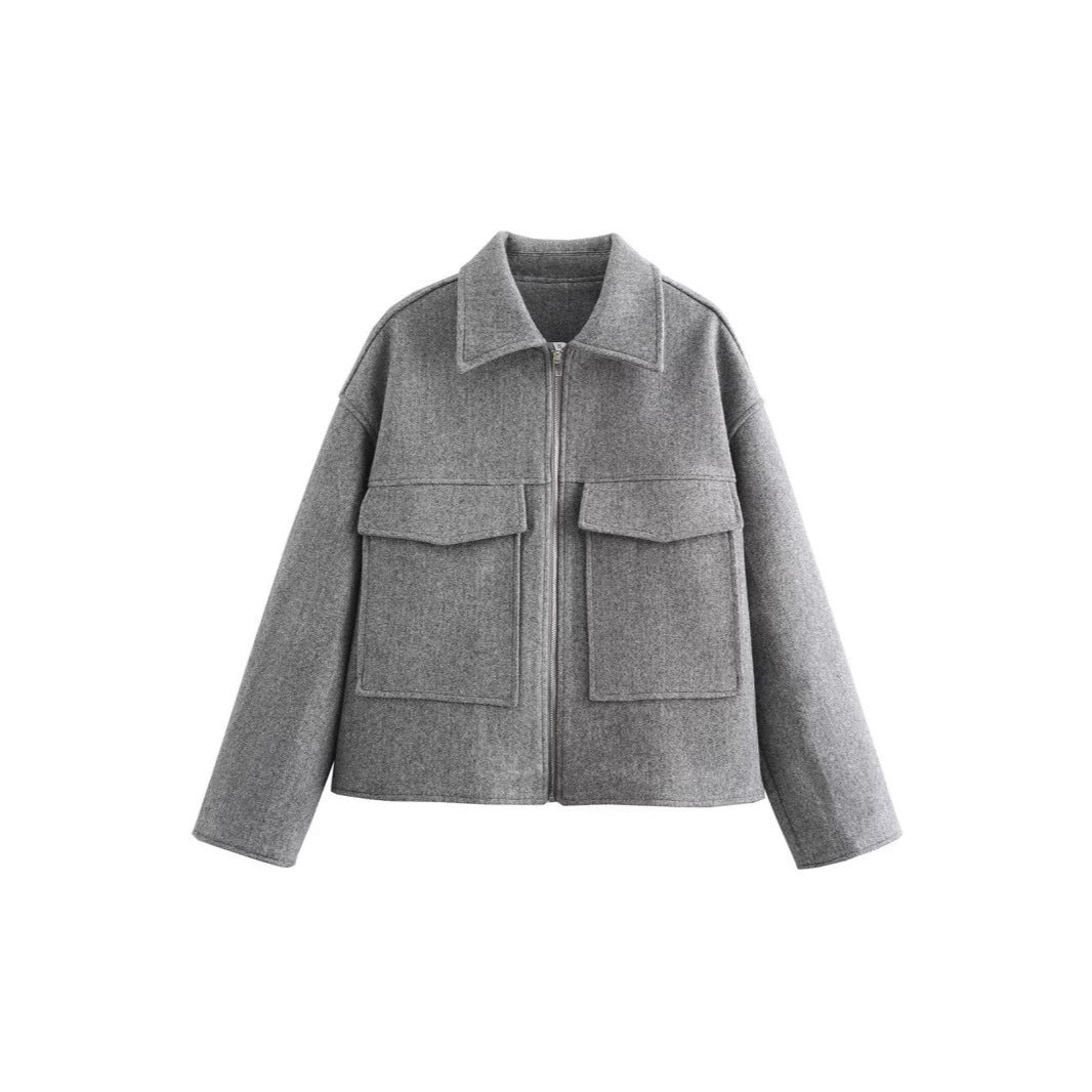 Damen lässige Jacke mit aufgesetzten Taschen und Reißverschluss EB