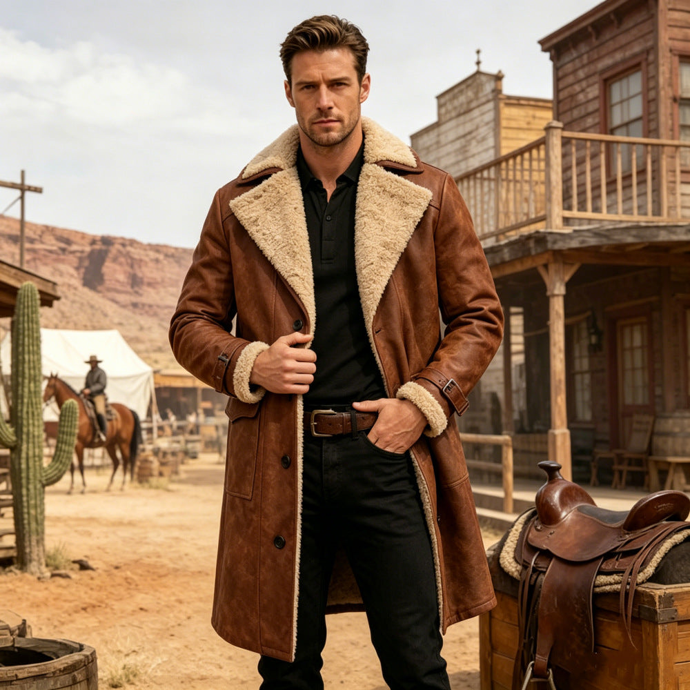 Herren nan langer vintage Biker-Ledermantel mit durchgehendem Sherpa-Futter, Pattentaschen und verstellbaren Schnallenmanschetten EB