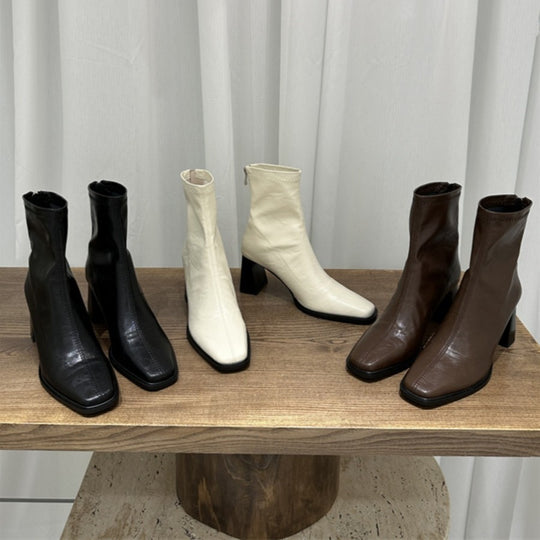Damen Trendige Ankle Boots mit hohem Blockabsatz und edler Lederoberfläche EB