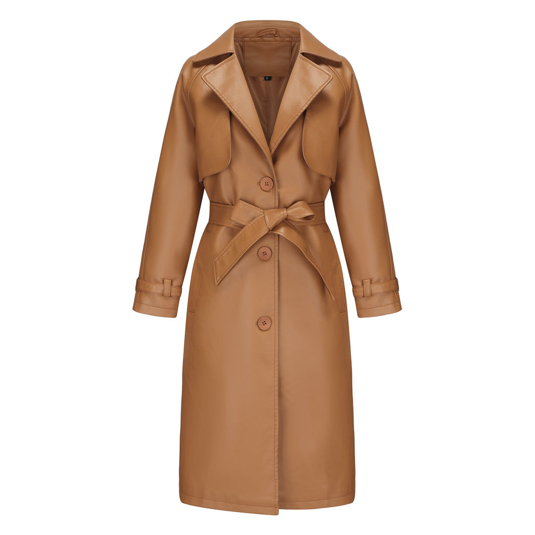 Damen nan langer taillierter Kunstleder-Trenchcoat mit Bindegürtel EB