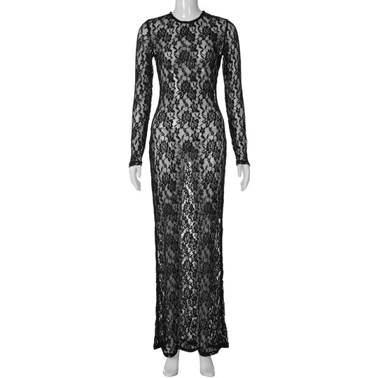 Damen Spitzenabendkleid mit elegantem Rückenausschnitt und langem Arm EB