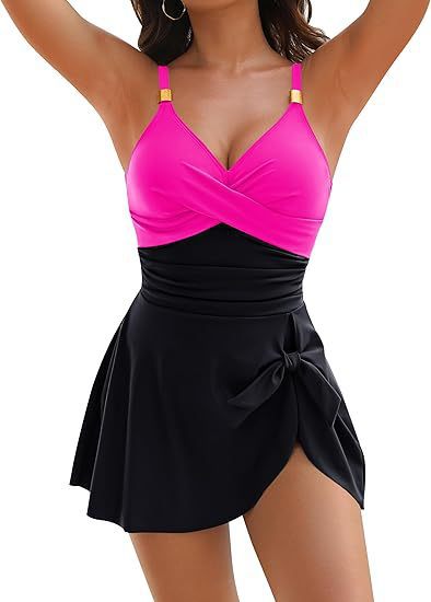 Damen sportlicher Badeanzug mit Wickelrock und raffiniertem Knotendesign EB