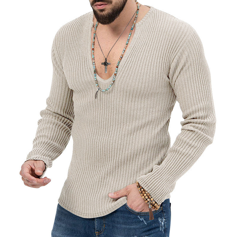 Herren Langarm-Rippenpullover mit tiefem V-Ausschnitt und modernem Schnitt EB