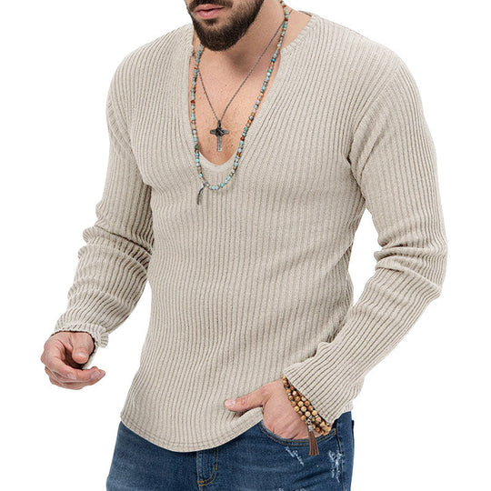 Herren Langarm-Rippenpullover mit tiefem V-Ausschnitt und modernem Schnitt EB