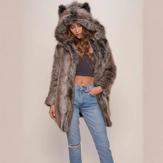 Damen Hooded Faux-Fur-Mantel mit Ohrenschützer EB