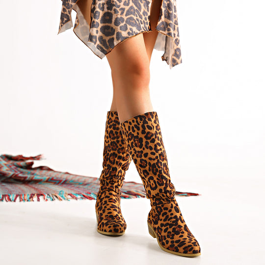 Damen Modische Stiefel im Leo-Design mit elastischem Schaft EB