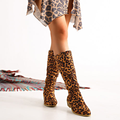 Damen Modische Stiefel im Leo-Design mit elastischem Schaft EB