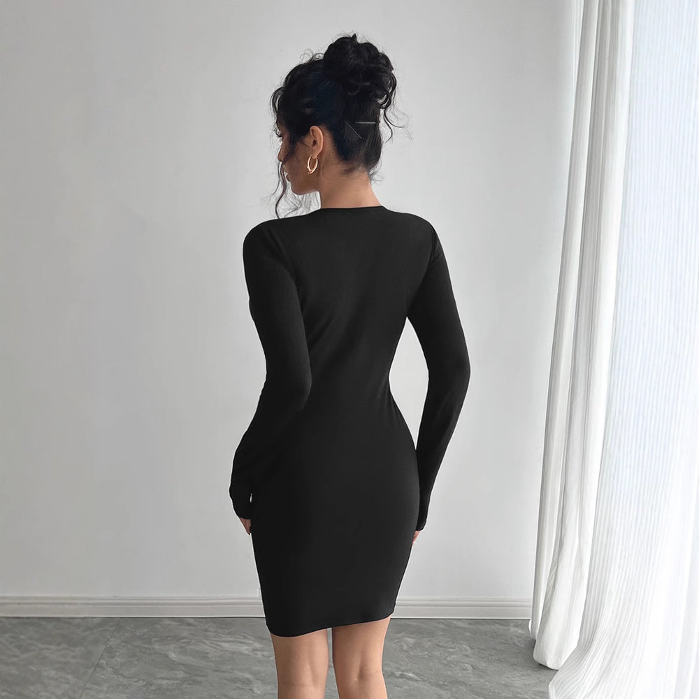 Damen Longsleeve Kleid mit tiefem V-Ausschnitt und transparentem Einsatz EB