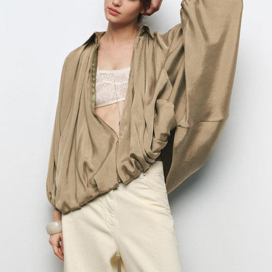 Damen leichte Satinjacke mit tiefem V-Ausschnitt und elastischen Bündchen EB