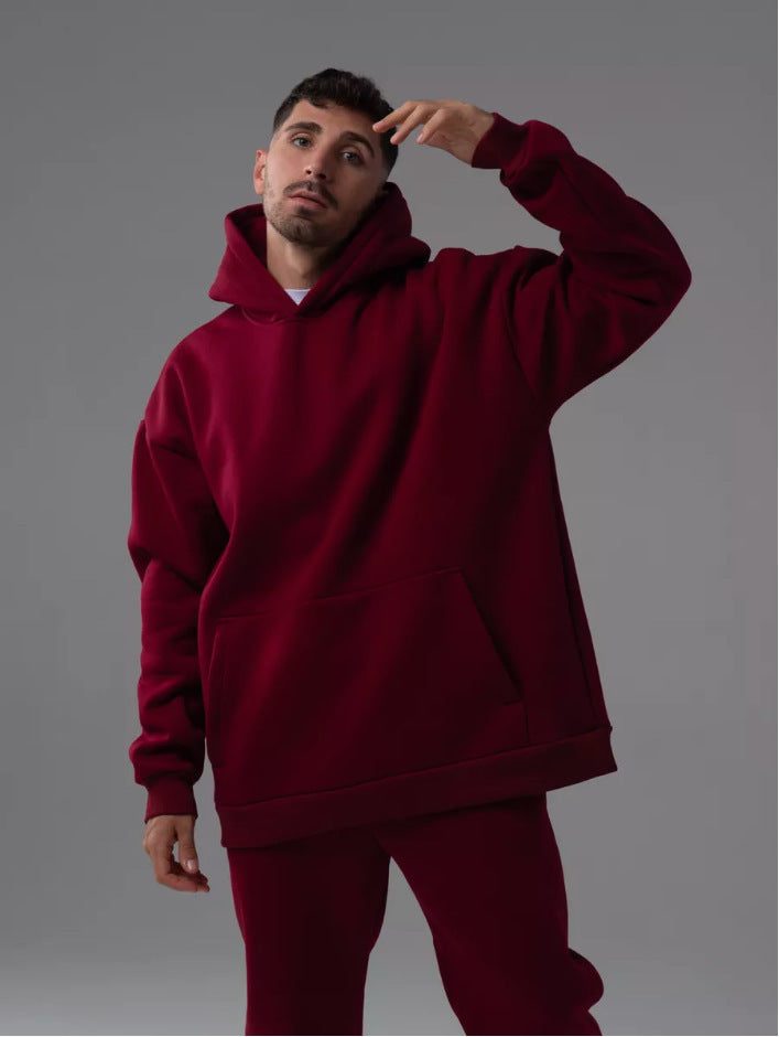 Herren nan schwerer Fleece-Boxy-Hoodie mit tiefem Schulterfall verstärkter Kapuze und Kängurutasche EB
