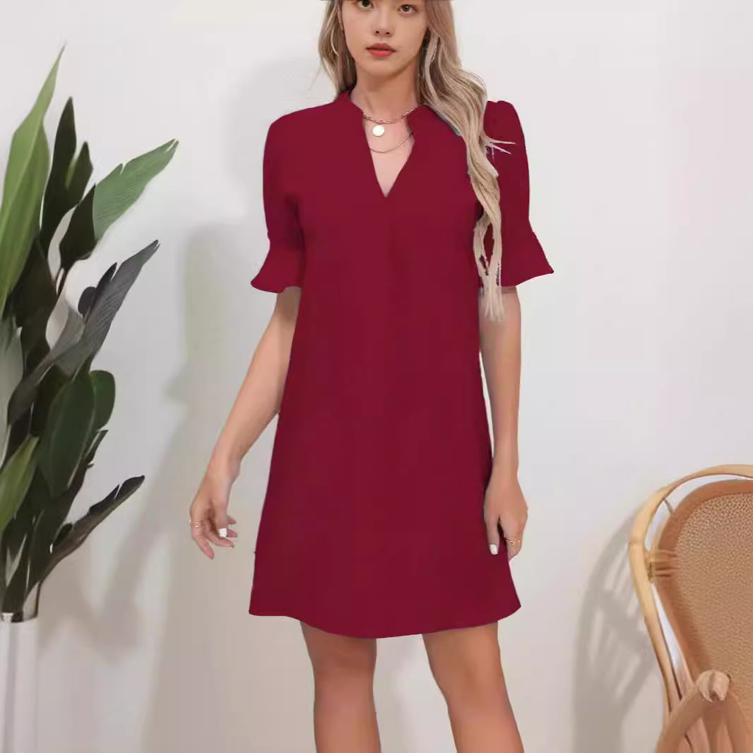 Damen Elegantes Kurzarm-Kleid mit V-Ausschnitt und Schößchen EB