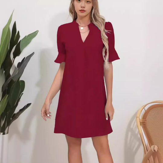 Damen Elegantes Kurzarm-Kleid mit V-Ausschnitt und Schößchen EB