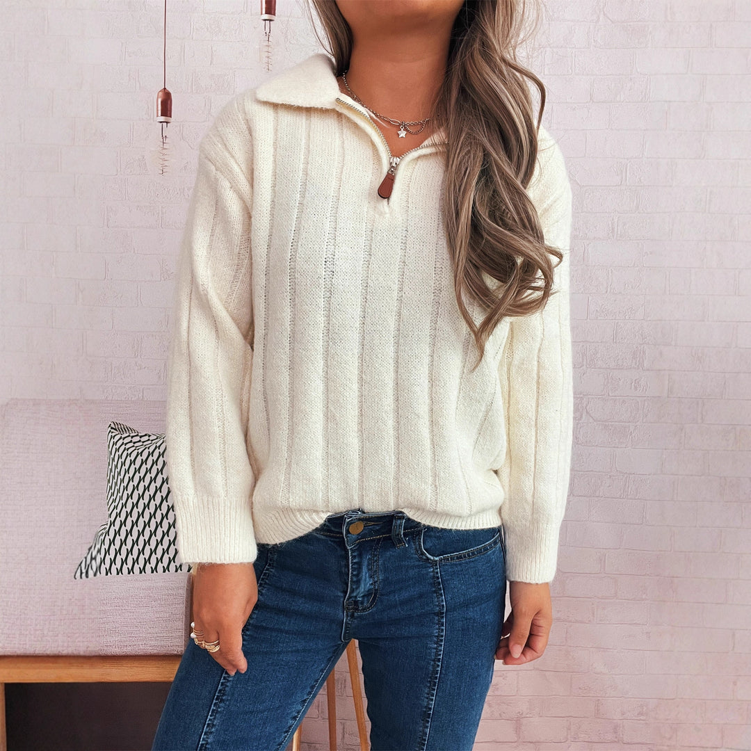 Damen Strickpullover mit kurzer Reißverschlussleiste und Wellenstruktur EB
