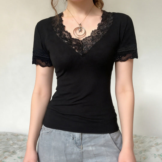 Damen Elegantes Spitzen-T-Shirt mit V-Ausschnitt und Kurzarm EB