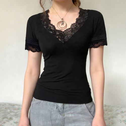 Damen Elegantes Spitzen-T-Shirt mit V-Ausschnitt und Kurzarm EB