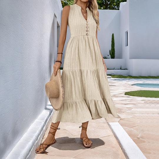Damen Midikleid mit Knopfdetails und voluminösem Rock EB