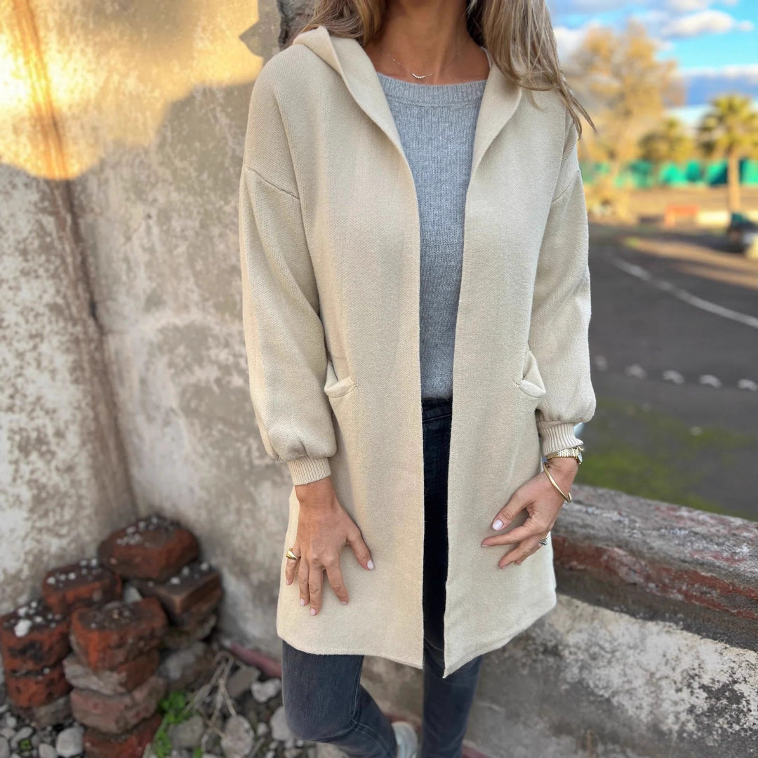 Damen Kuschelige Strickjacke mit Kapuze und Taschen EB