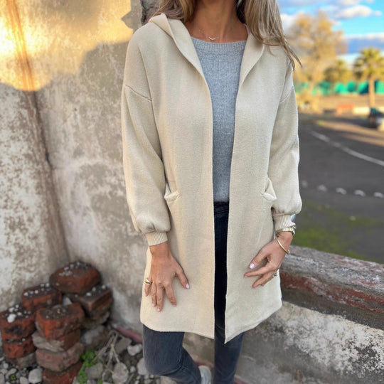 Damen Kuschelige Strickjacke mit Kapuze und Taschen EB