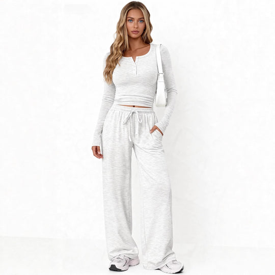 Damen nan Lounge-Set aus Feinstrick mit Henley-Oberteil und weiten Palazzo-Hosen EB