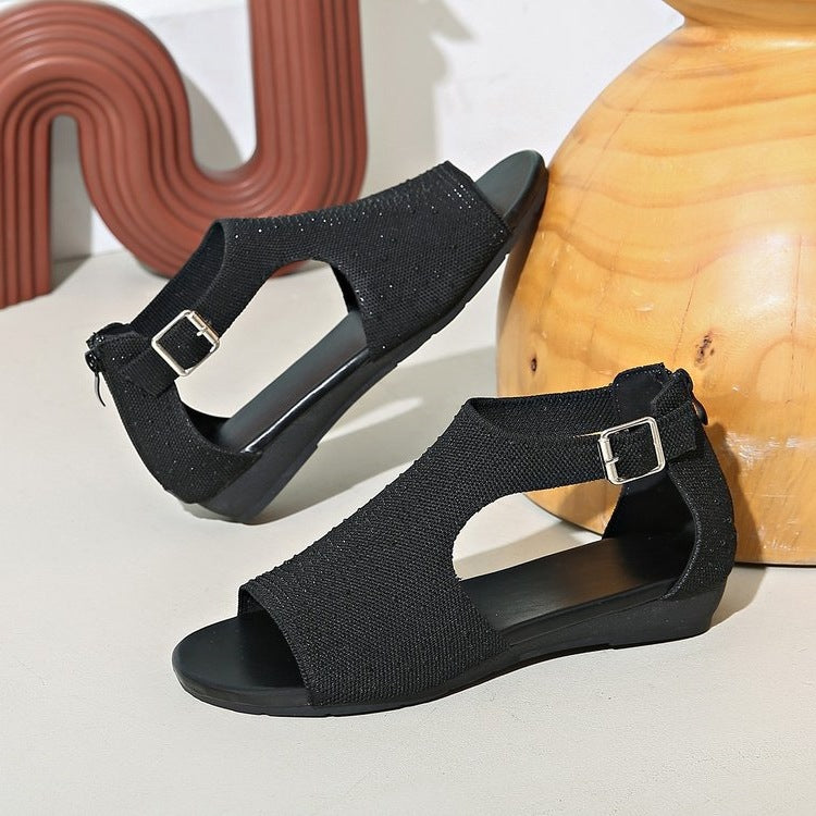 Damen elegante Riemchen-Sandalen mit atmungsaktiver Strickoberfläche EB