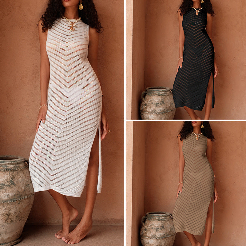 Damen Elegantes Strick-Maxikleid mit asymmetrischem Saum und seitlichem Schlitz EB