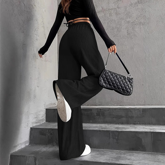 Damen weite Pluderhose mit geripptem Design und elastischem Taillenbund EB