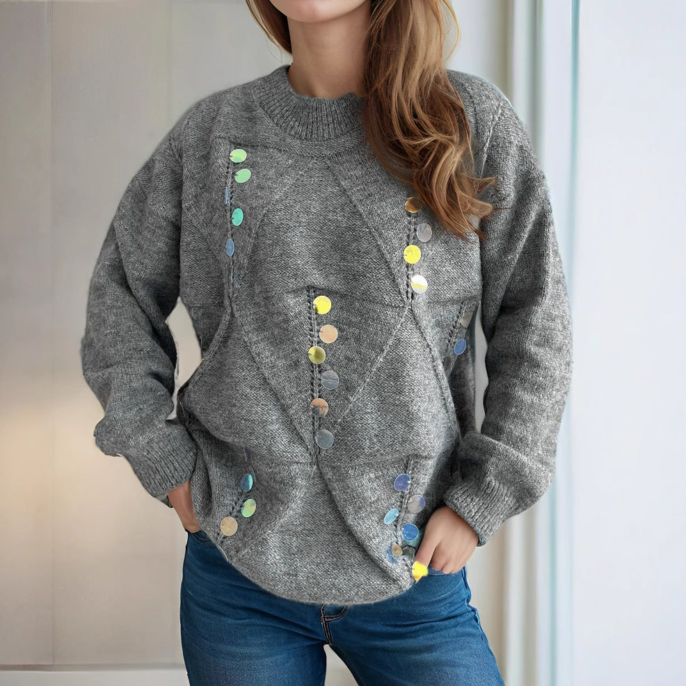Damen lässiger Pullover mit dekorativen Pailletten und strukturiertem Maschenmuster EB