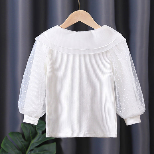 Damen elegante Bluse mit Puffärmeln und Spitzenkragen EB