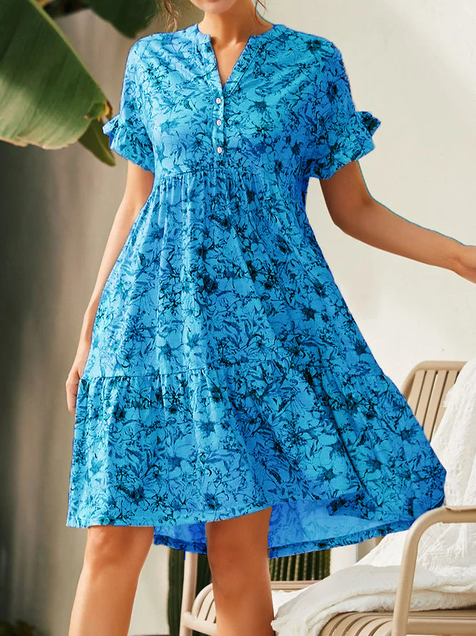 Damen lässiges Blumenkleid mit Knopfleiste und Rüschendetails EB