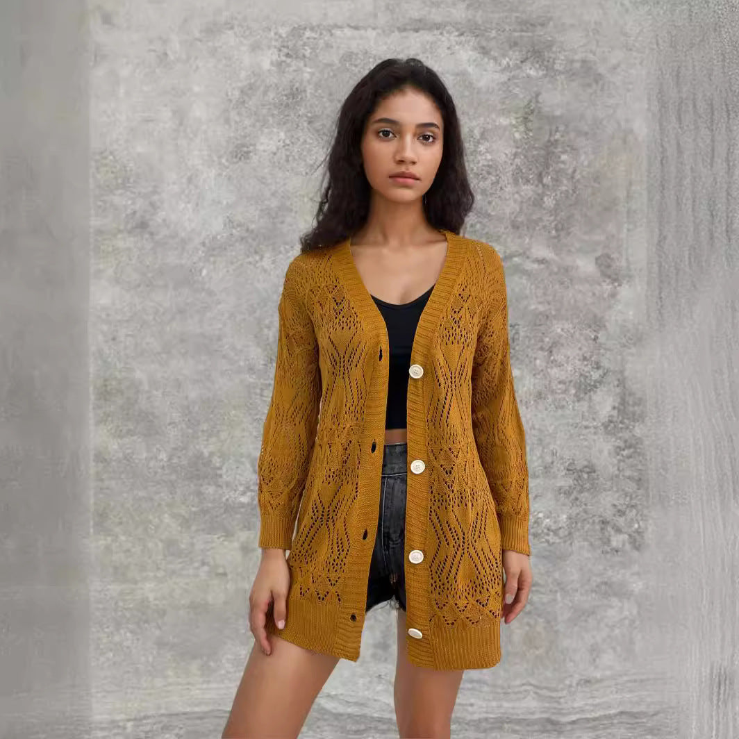 Damen Strickjacke mit luftiger Lochmusterung und schönen Knöpfen EB