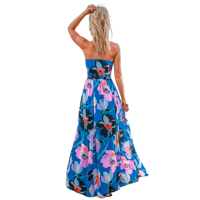 Damen Maxi-Kleid mit tiefem V-Ausschnitt und floralen Details EB