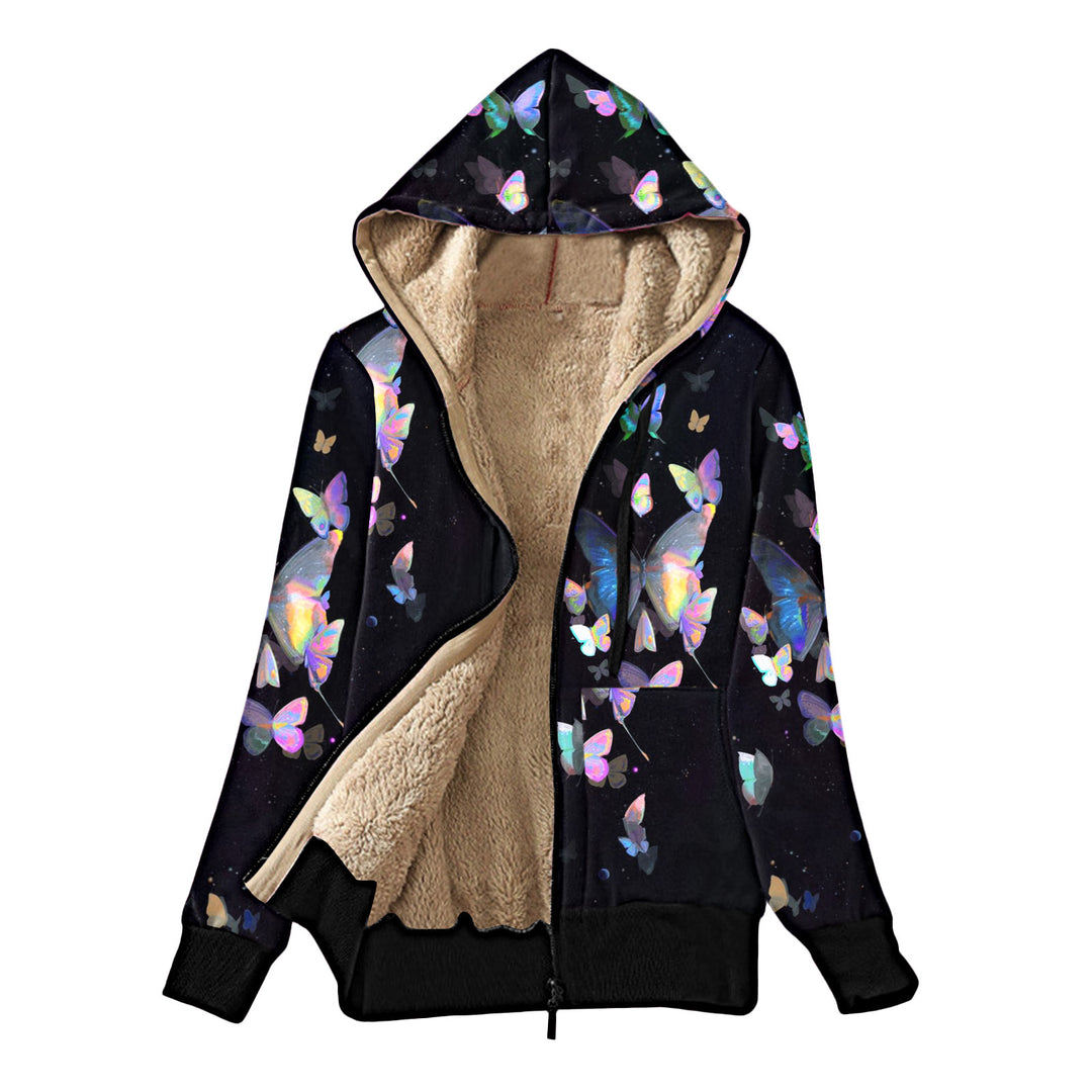 Damen Kuscheljacke mit Kapuze und buntem Schmetterlingsdesign EB
