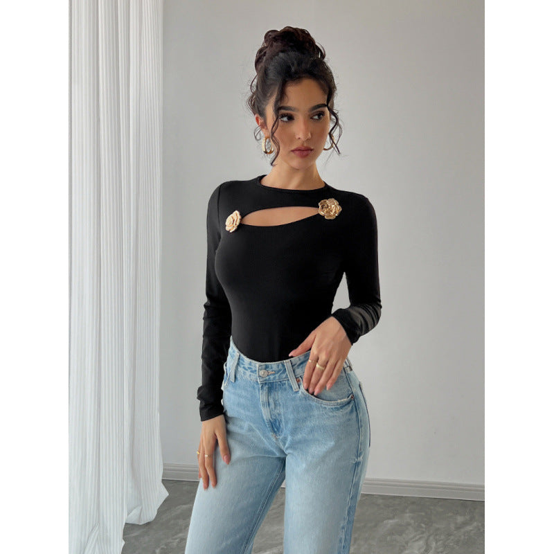 Damen Elegantes Langarm-Bodysuit mit dekorativen Blumenakzenten EB