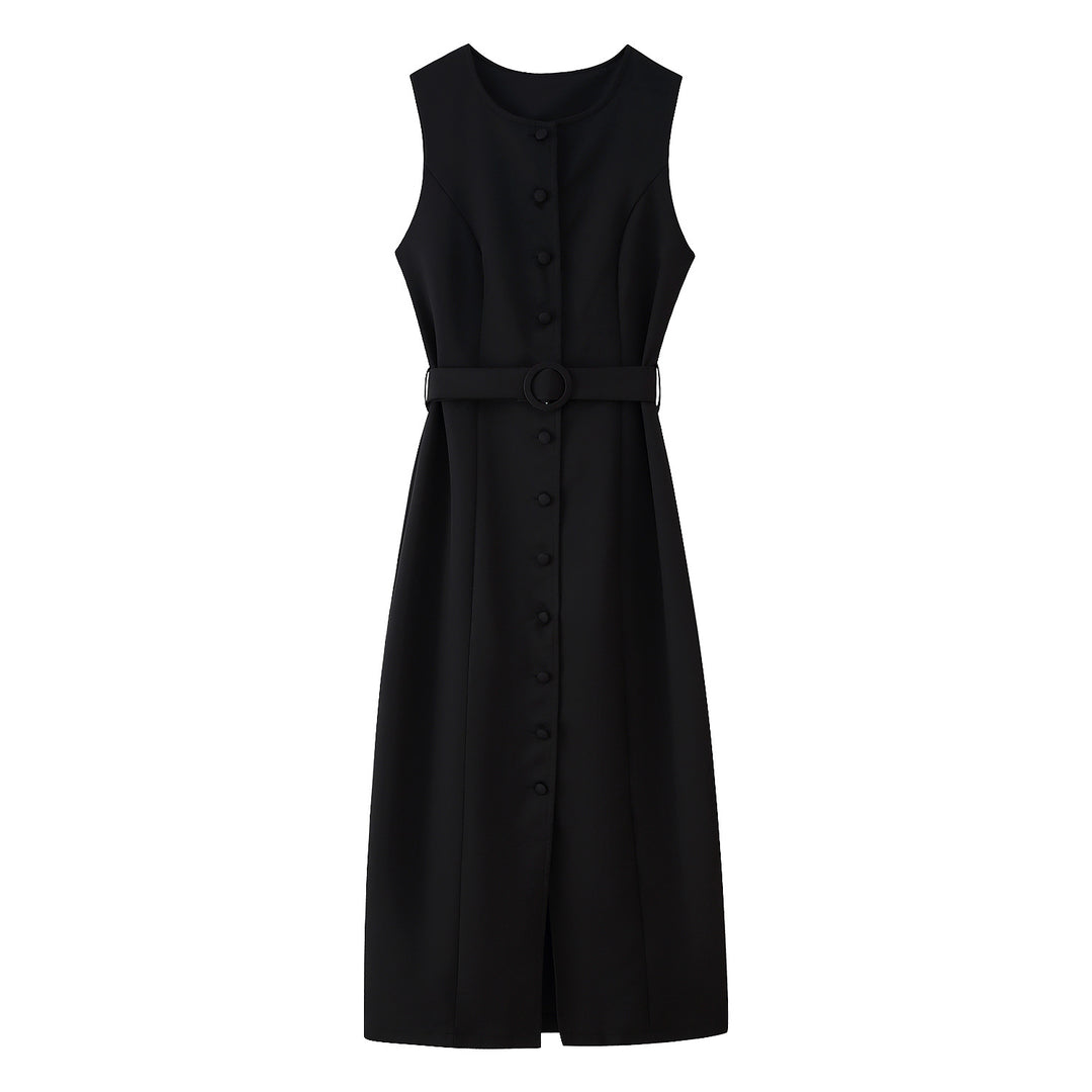 Damen ärmelloses Wickelkleid mit Knopfverschluss und Taillengürtel EB