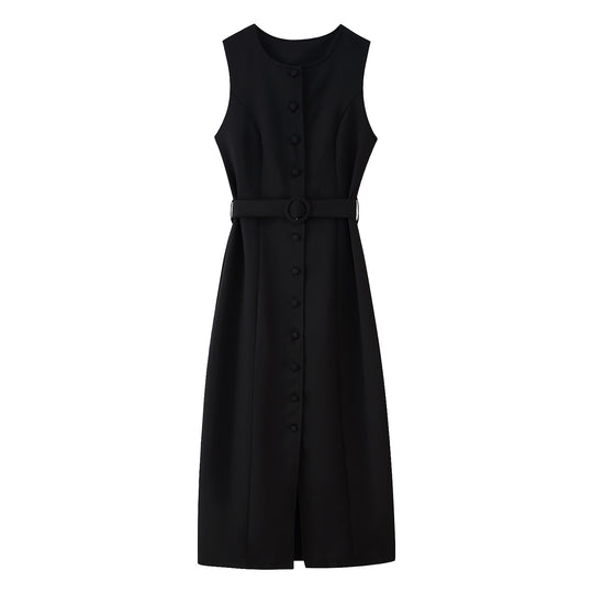Damen ärmelloses Wickelkleid mit Knopfverschluss und Taillengürtel EB