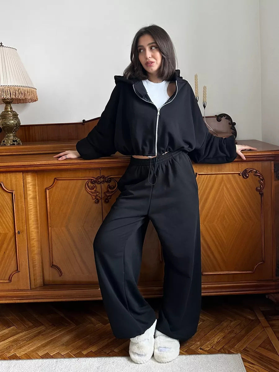 Damen nan cropped Reißverschluss-Hoodie mit Tunnelzugsaum und weitem Sweatpants-Schnitt EB