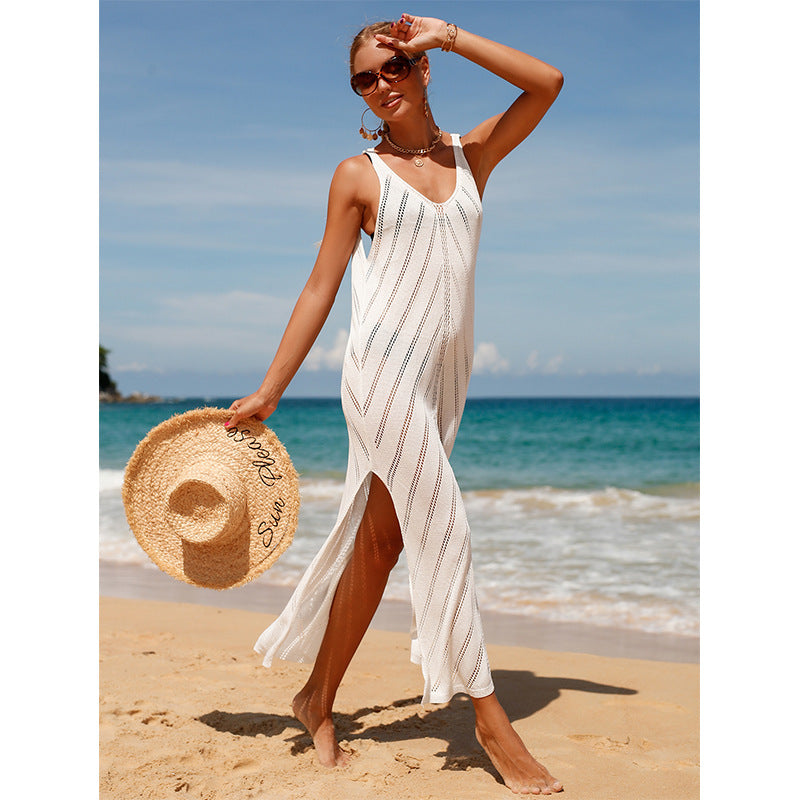 Damen transparentes Häkel-Strandkleid mit hohem Schlitz und stylischem Schnitt EB