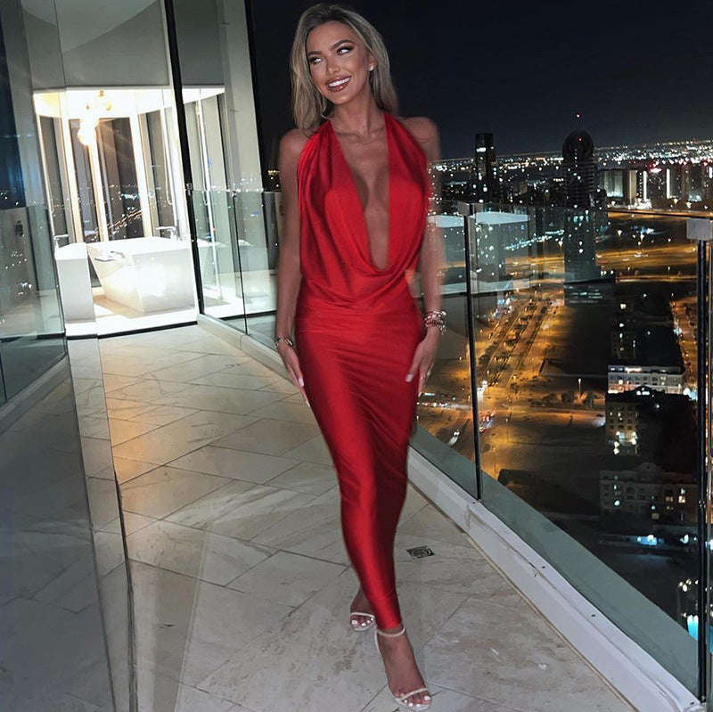 Damen sexy Abendkleid mit tiefem V-Ausschnitt und fließendem Schnitt EB
