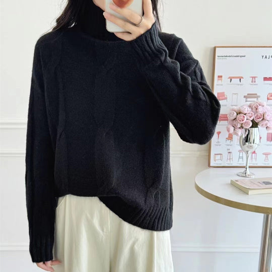 Damen Strickpullover mit hohem Kragen und Zopfmuster EB