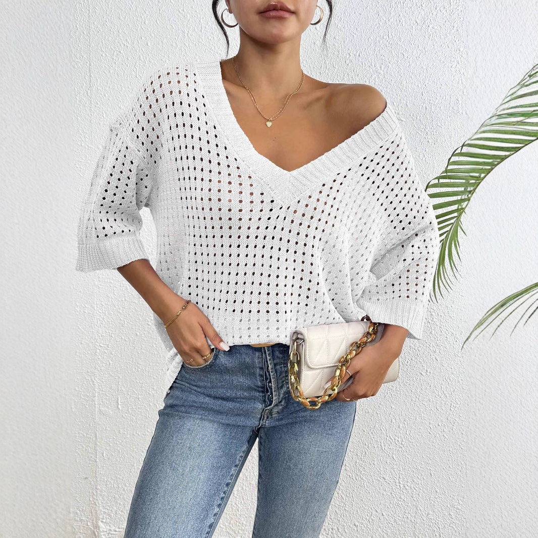 Damen luftiger Strickpullover mit V-Ausschnitt und dekorativem Lochmuster EB