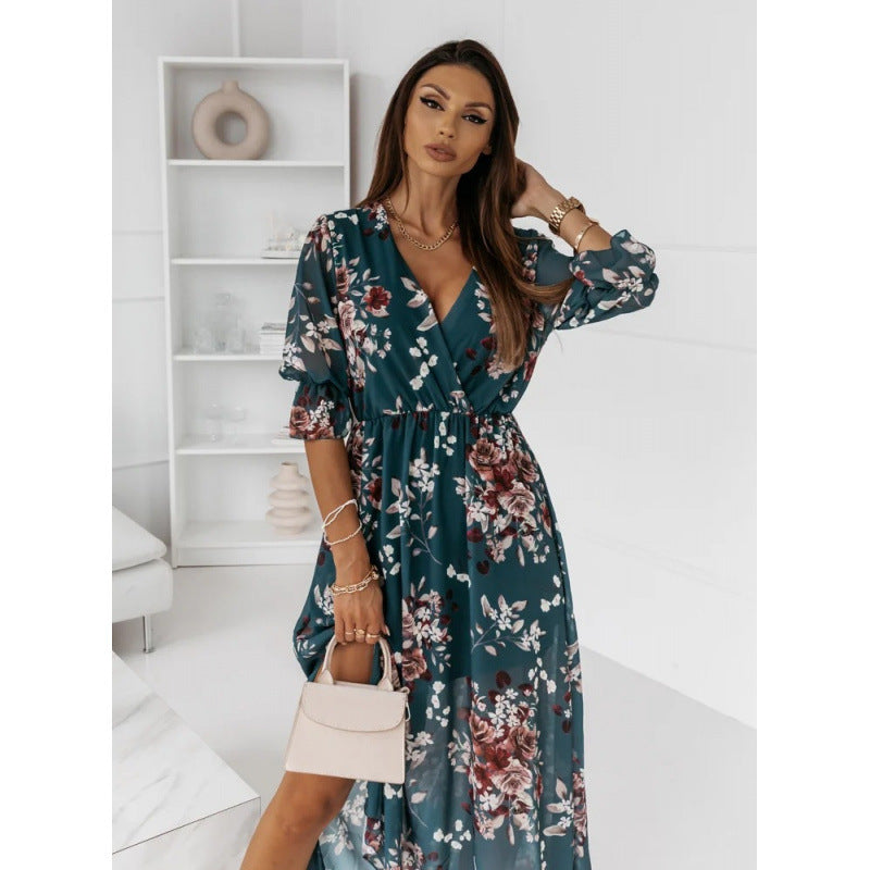 Damen elegantes Maxikleid mit animalischen Mustern und modischem Schlitz EB