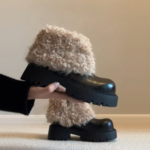 Damen modische Plateau-Stiefel mit flauschigem Schafteil und robuster Sohle EB